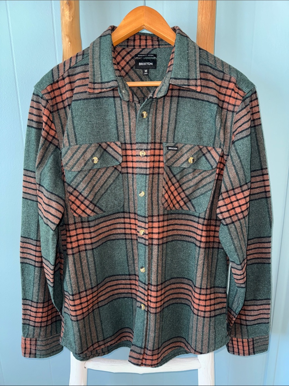 Brixton Bowery Green & Rust Plaid Button-Down Flannel Shirt ~ Medium